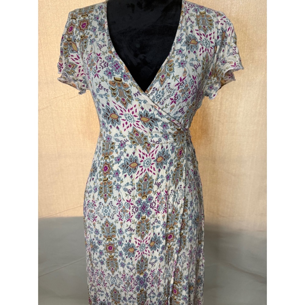 Patrons of Peace Floral Boho Wrap Maxi Dress Cream Magenta Blue Small